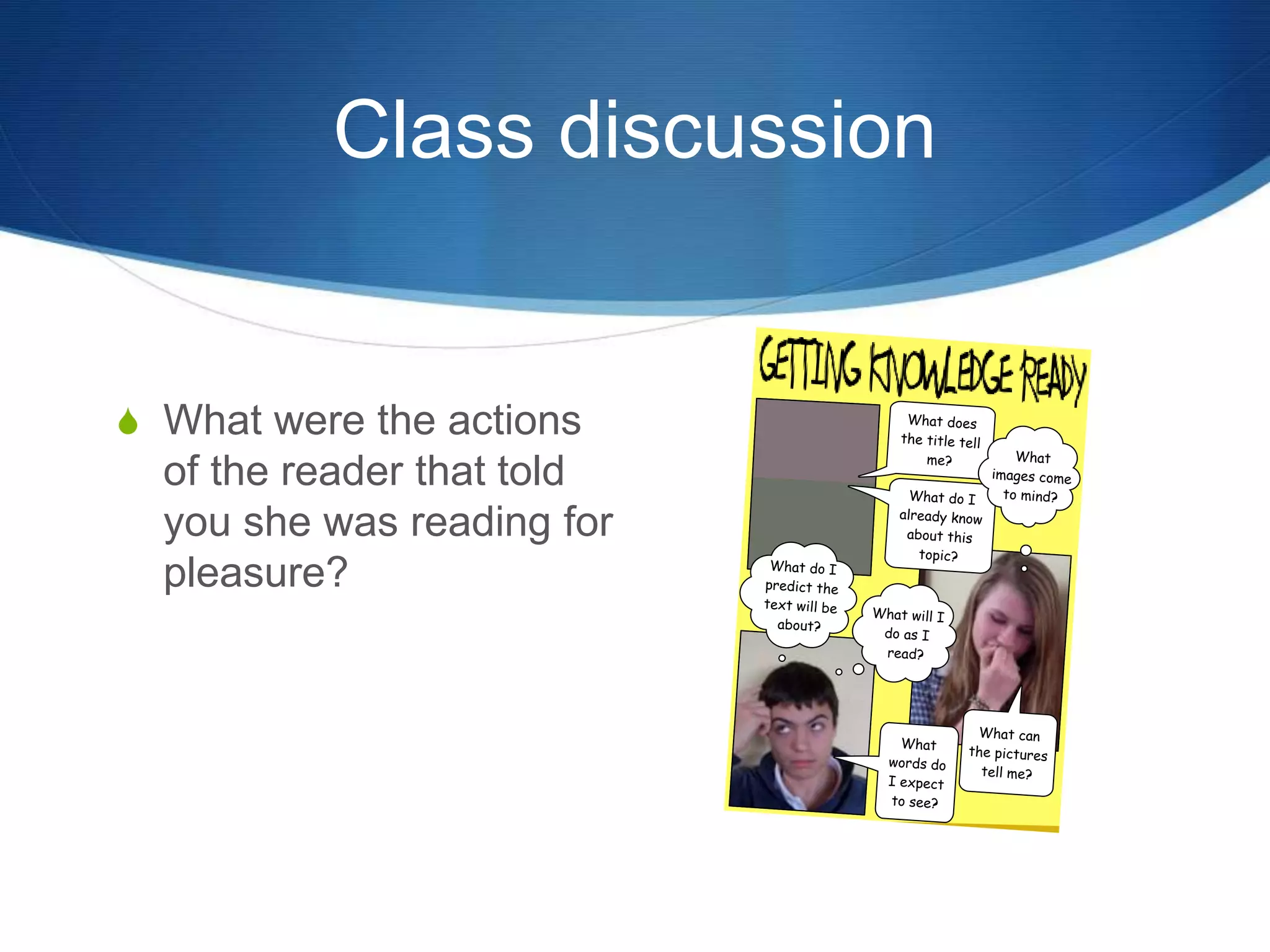 Class discussion 
S What were the actions 
of the reader that told 
you she was reading for 
pleasure? 
What does 
the title tell 
me? 
What do I 
predict the 
text will be 
about? 
What do I 
already know 
about this 
What can 
the pictures 
tell me? 
topic? 
What 
words do 
I expect 
to see? 
What 
images come 
to mind? 
What will I 
do as I 
read? 
 