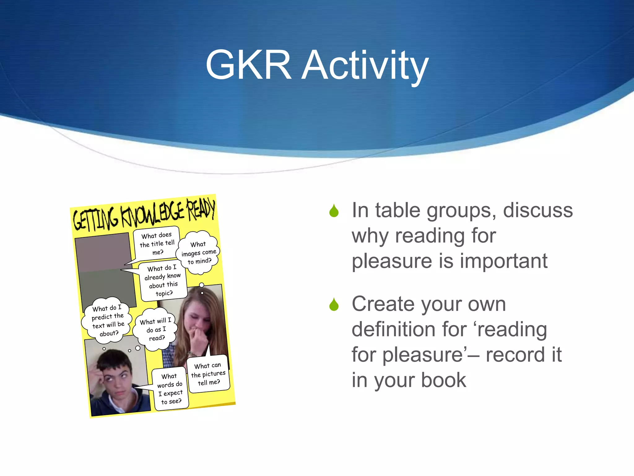 GKR Activity 
What does 
the title tell 
me? 
What do I 
predict the 
text will be 
about? 
What can 
the pictures 
tell me? 
What do I 
already know 
about this 
topic? 
What 
words do 
I expect 
to see? 
What 
images come 
to mind? 
What will I 
do as I 
read? 
S In table groups, discuss 
why reading for 
pleasure is important 
S Create your own 
definition for ‘reading 
for pleasure’– record it 
in your book 
 