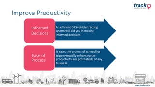 Ease of
Process
Informed
Decisions
An efficient GPS vehicle tracking
system will aid you in making
informed decisions
It eases the process of scheduling
trips eventually enhancing the
productivity and profitability of any
business.
Improve Productivity
 