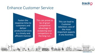 Enhance Customer Service
Fasten the
response time to
customers and
deliver
products/services
in a timely and
efficient manner.
This can prove to
be of great
competitive
advantage in
outpacing your
competitors in
the long run.
This can lead to
Customer
retention; one of
the most
important aspects
in any business.
 