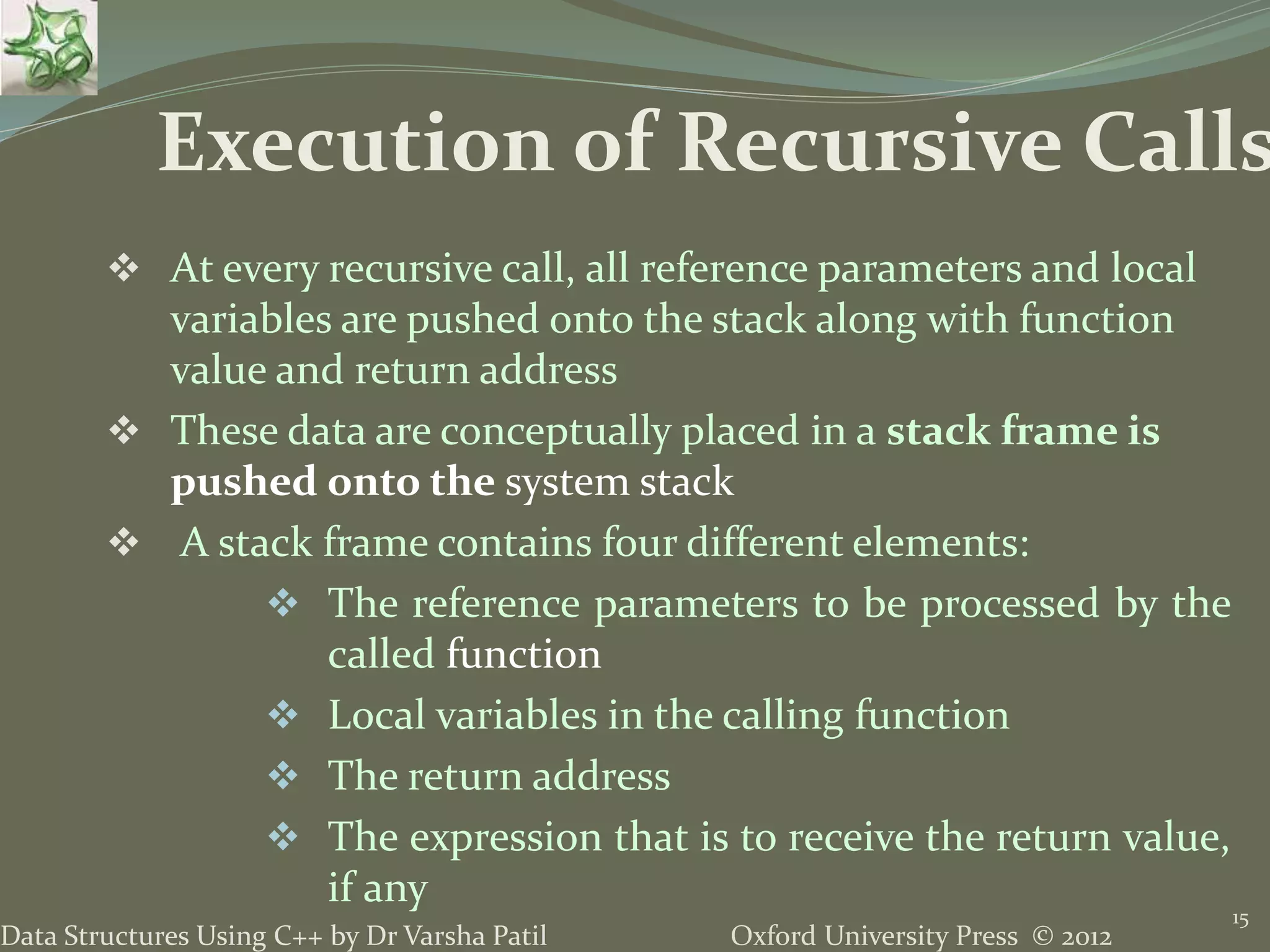 Oxford University Press © 2012Data Structures Using C++ by Dr Varsha Patil  At every recursive call, all reference parameters and local variables are pushed onto the stack along with function value and return address  These data are conceptually placed in a stack frame is pushed onto the system stack  A stack frame contains four different elements:  The reference parameters to be processed by the called function  Local variables in the calling function  The return address  The expression that is to receive the return value, if any 15 Execution of Recursive Calls 