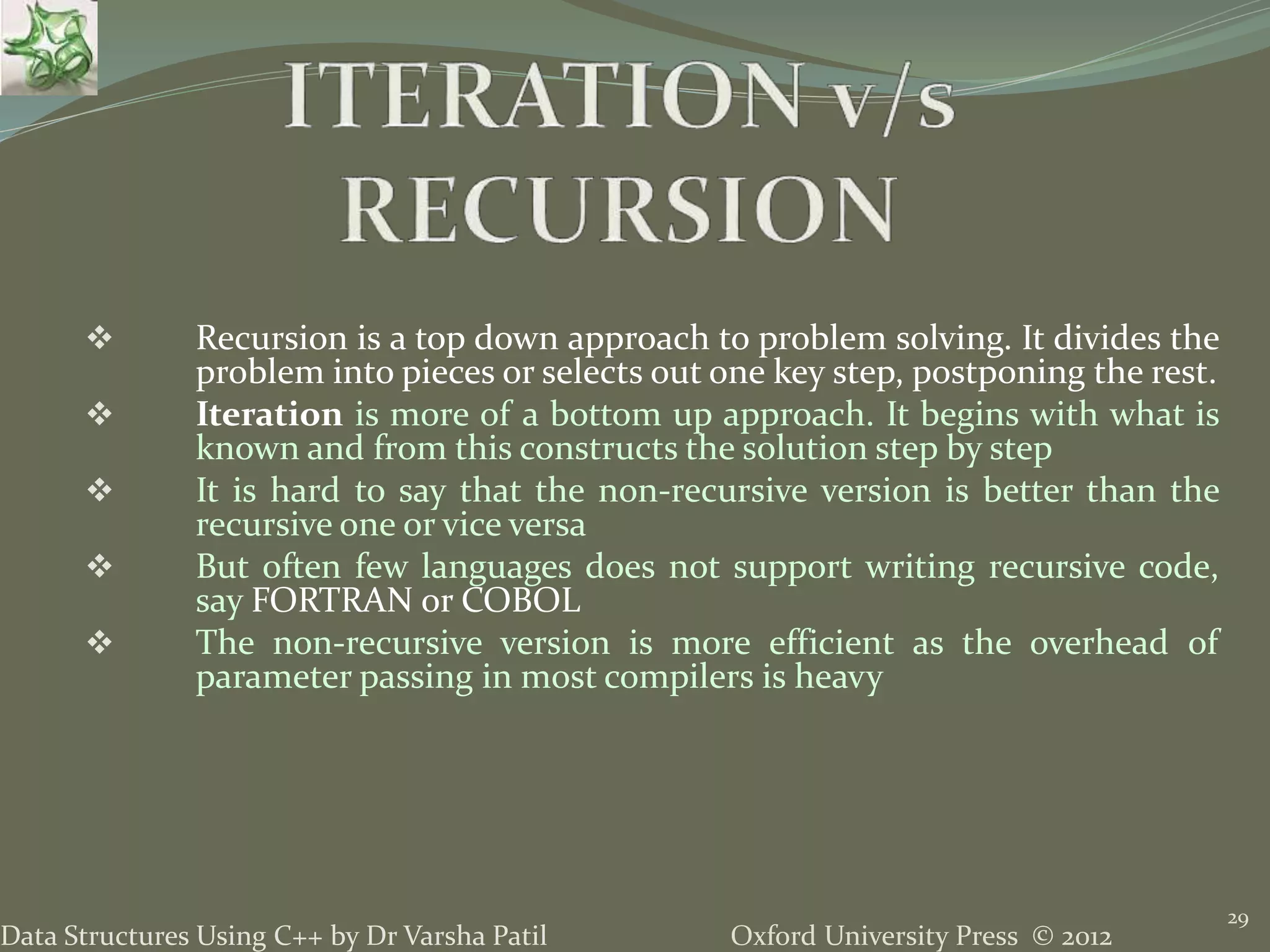 Oxford University Press © 2012Data Structures Using C++ by Dr Varsha Patil 29  Recursion is a top down approach to problem solving. It divides the problem into pieces or selects out one key step, postponing the rest.  Iteration is more of a bottom up approach. It begins with what is known and from this constructs the solution step by step  It is hard to say that the non-recursive version is better than the recursive one or vice versa  But often few languages does not support writing recursive code, say FORTRAN or COBOL  The non-recursive version is more efficient as the overhead of parameter passing in most compilers is heavy 