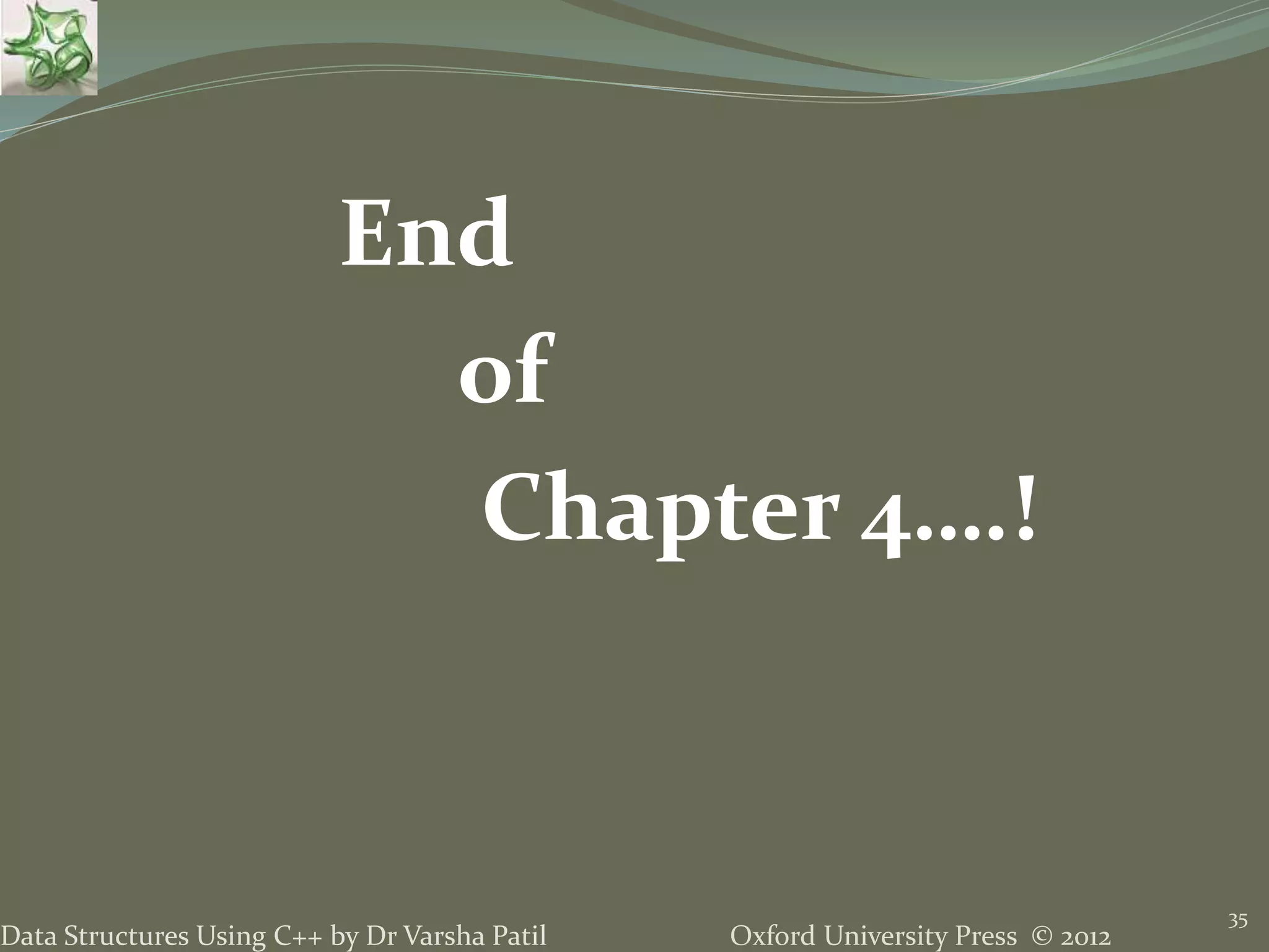 35 Oxford University Press © 2012Data Structures Using C++ by Dr Varsha Patil End of Chapter 4….! 