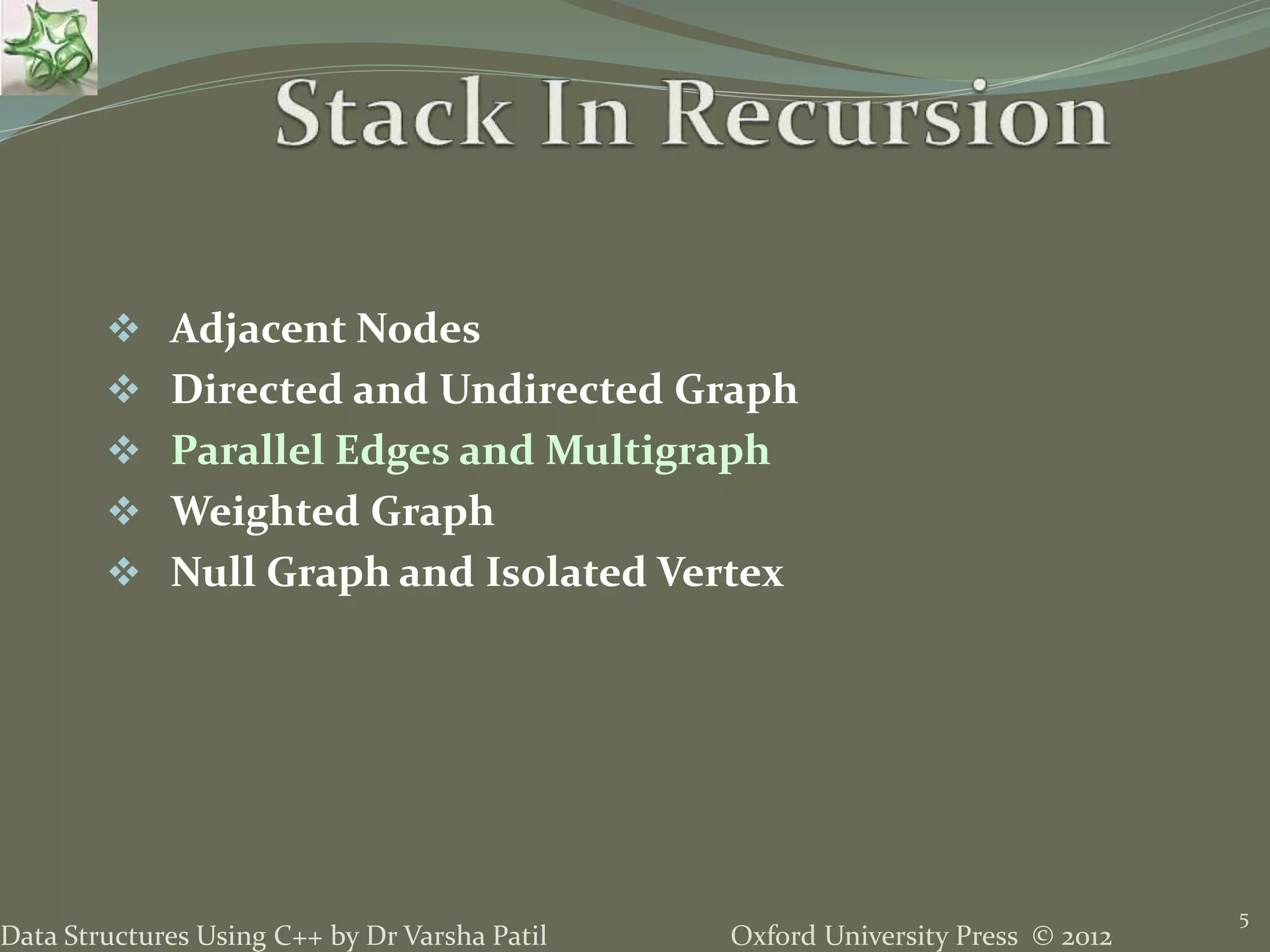 Oxford University Press © 2012Data Structures Using C++ by Dr Varsha Patil  Adjacent Nodes  Directed and Undirected Graph  Parallel Edges and Multigraph  Weighted Graph  Null Graph and Isolated Vertex 5 