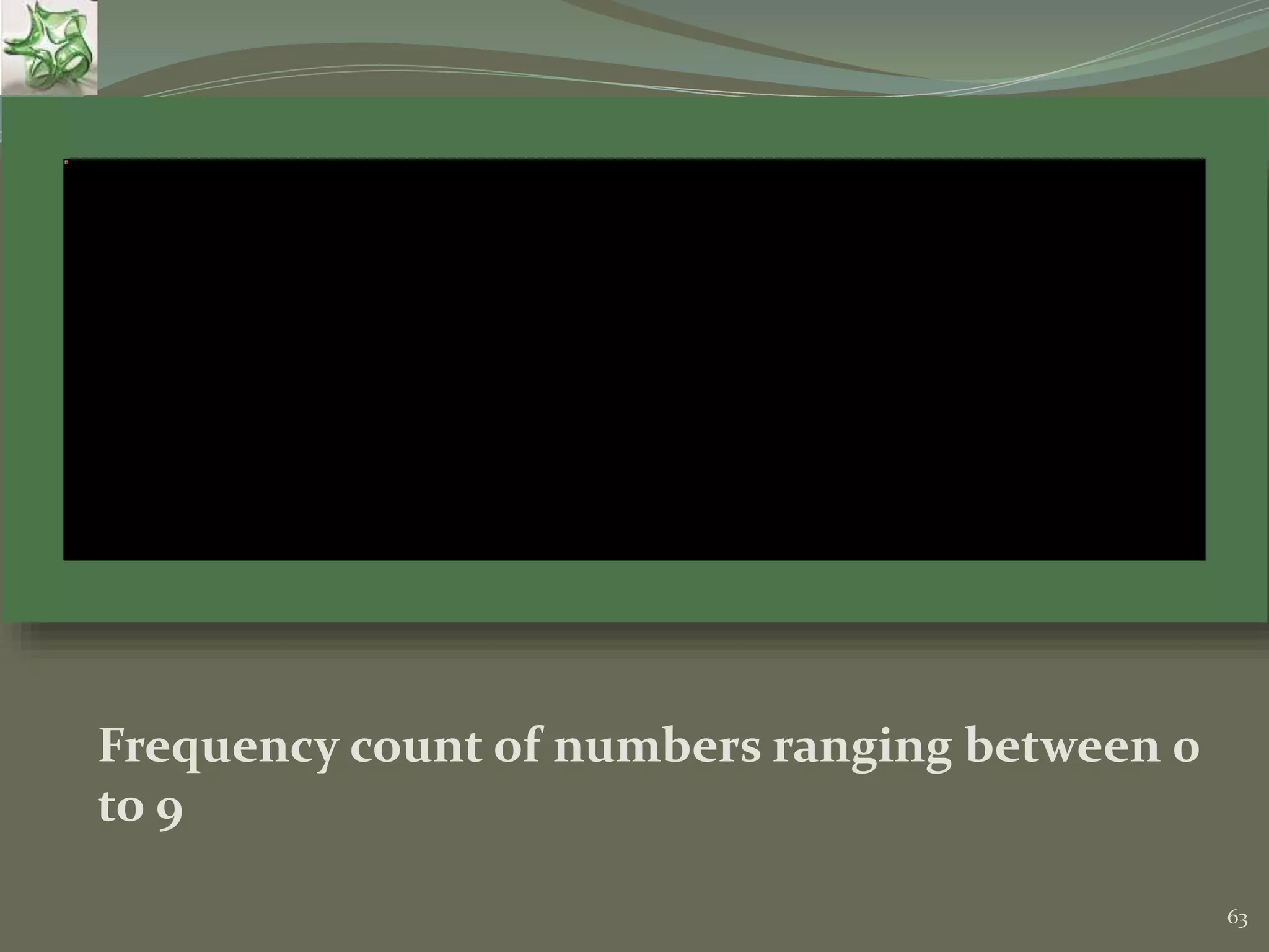 63 Frequency count of numbers ranging between 0 to 9 