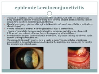 epidemic keratoconjunctivitis
— The onset of epidemic keratoconjunctivitis is often unilateral, with both eyes subsequently
being affected but the first eye usually being more severely affected. Initial symptoms include
conjunctival injection, moderate pain, and tearing.
— Usually by 5–14 days, photophobia, epithelial keratitis, and round subepithelial opacities have
also developed.
— Corneal sensation is normal. A tender preauricular node is characteristic.
— Edema of the eyelids, chemosis, and conjunctival hyperemia mark the acute phase, with
follicles and subconjunctival hemorrhages often appearing within 48 hours.
— Pseudomembranes (and occasionally true membranes) may occur and may be followed by flat
scars or symblepharon formation.
— The conjunctivitis usually resolves by 3–4 weeks at most. The subepithelial opacities are
concentrated in the central cornea, usually sparing the periphery, and may persist for months
but generally heal without scars.
 