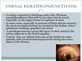 VERNAL KERATOCONJUNCTIVITIS
— A stringy conjunctival discharge and a fine, fibrinous
pseudomembrane (Maxwell-Lyons sign) may be noted,
especially on the upper tarsus on exposure to heat.
— In some cases, especially in persons of black African ancestry,
the most prominent lesions are located at the limbus, where
gelatinous swellings (papillae) are noted.
— A pseudogerontoxon (arcus-like haze) is often noted in the
cornea adjacent to the limbal papillae.
— Trantas’ dots are whitish dots seen at the limbus in some
patients with vernal keratoconjunctivitis during the active
phase of the disease.
 