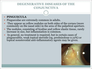 DEGENERATIVE DISEASES OF THE
CONJUNCTIVA
— PINGUECULA
— Pingueculae are extremely common in adults.
— They appear as yellow nodules on both sides of the cornea (more
commonly on the nasal side) in the area of the palpebral aperture.
— The nodules, consisting of hyaline and yellow elastic tissue, rarely
increase in size, but inflammation is common.
— In general, no treatment is required, but in certain cases of
pingueculitis, weak topical steroids (eg, prednisolone 0.12%) or
topical nonsteroidal anti-inflammatory agents may be given.
 