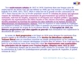 “Les soulèvements urbainssoulèvements urbains de 1835 et 1836 s'insèrent dans une longue série de
soulèvements du même type qui ont débuté en 1808, que l'on retrouve en 1820, puis sous
Isabelle II en 1840, 1843, 1854, 1868 et enfin lors de la grande révolte cantonaliste de
1873. Dans chacun des cas, la révolte populaire suscite la création de juntes qui agissentcréation de juntes qui agissent
comme de véritables pouvoirs autonomes de gouvernement qui arment la milicecomme de véritables pouvoirs autonomes de gouvernement qui arment la milice
nationale, relèvent les impôts, nomment et révoquent aux emplois publicsnationale, relèvent les impôts, nomment et révoquent aux emplois publics. Ces juntesCes juntes,,
composées de représentants des élites locales et des classes moyennes,composées de représentants des élites locales et des classes moyennes, canalisent lacanalisent la
révolte populaire en écartant les options les plus radicales et en tentant d'éviter lesrévolte populaire en écartant les options les plus radicales et en tentant d'éviter les
débordements révolutionnaires violentsdébordements révolutionnaires violents. Sous les régences et sous Isabelle II, l'épilogue
est toujours le même: la couronne doit céder et nommer un nouveau gouvernement censé
restaurer ou garantir les acquis de la révolution libérale. À l'exception de 1843, lesÀ l'exception de 1843, les
libéraux progressistes sont alors appelés au pouvoirlibéraux progressistes sont alors appelés au pouvoir mais demandent très rapidement la
dissolution des juntes. (...)
Le terme de Parti progressisteParti progressiste a été forgé en 1836 pour désigner les partisans d'un
progrès rapide et de réformes profondes. Il est héritier du libéralismehéritier du libéralisme exaltadoexaltado dudu
Triennat libéralTriennat libéral sans en constituer toutefoir un simple prolongement car les conditions
politiques, sociales et le contexte idéologique n'étaient plus les mêmes. Il ne s'agit pas d'un
parti au sens moderne mais d'une mouvance dont les représentants sont responsablesles représentants sont responsables
des principales lois de rupture avec l'Ancien Régime, adoptées entre 1835 et 1837des principales lois de rupture avec l'Ancien Régime, adoptées entre 1835 et 1837.
La commission chargée par les nouvelles Cortès réunies le 24 octobre 1837 d'adapter
la constitution de Cadix est symboliquement présidée par Agustín de Argüelles, le grand
vétéran de 1812.”
Source: Jordi Canal (dir.): Histoire de l'Espagne contemporaine.
 