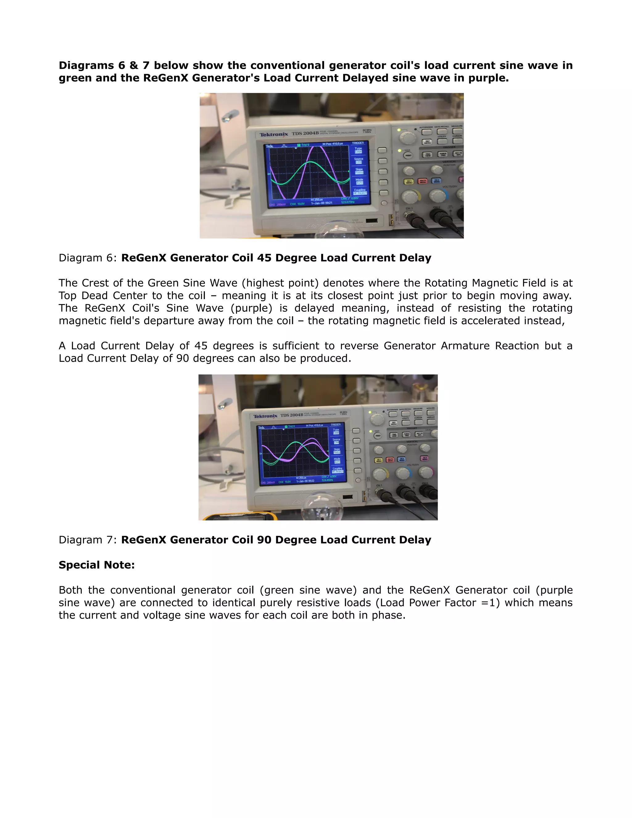 Diagrams 6 & 7 below show the conventional generator coil's load current sine wave in
green and the ReGenX Generator's Load Current Delayed sine wave in purple.
Diagram 6: ReGenX Generator Coil 45 Degree Load Current Delay
The Crest of the Green Sine Wave (highest point) denotes where the Rotating Magnetic Field is at
Top Dead Center to the coil – meaning it is at its closest point just prior to begin moving away.
The ReGenX Coil's Sine Wave (purple) is delayed meaning, instead of resisting the rotating
magnetic field's departure away from the coil – the rotating magnetic field is accelerated instead,
A Load Current Delay of 45 degrees is sufficient to reverse Generator Armature Reaction but a
Load Current Delay of 90 degrees can also be produced.
Diagram 7: ReGenX Generator Coil 90 Degree Load Current Delay
Special Note:
Both the conventional generator coil (green sine wave) and the ReGenX Generator coil (purple
sine wave) are connected to identical purely resistive loads (Load Power Factor =1) which means
the current and voltage sine waves for each coil are both in phase.
 