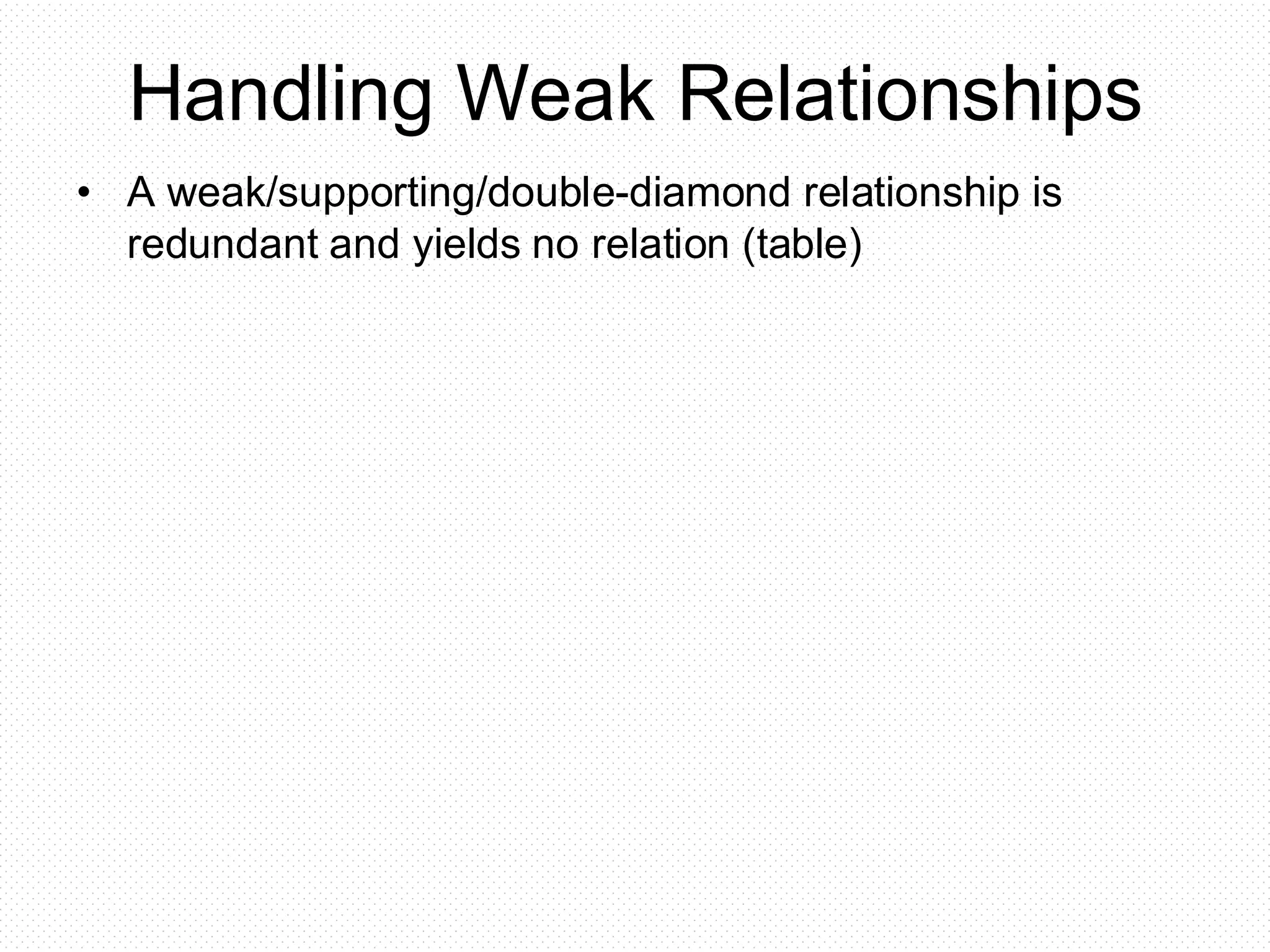 Handling Weak Relationships
• A weak/supporting/double-diamond relationship is
redundant and yields no relation (table)
 