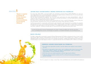 C o n h e ç a a l g u n s r e s u l t a d o s d a p e s q u i s a :
• Para cada ano de reprovação na escola, a taxa de violência entre rapazes e moças aumenta
em 2,7%;
• Ao contrário do que aponta o senso comum, não é o ambiente onde o jovem vive ou sua renda
familiar que o expõem à violência, mas aspectos comportamentais, como o uso de drogas,
armas de fogo e o consumo de bebidas alcoólicas;
• 50,2% dos jovens que cometem agressões já sofreram algum tipo de violência;
• A falta de referências pessoais aumenta em 6,7% as chances de esse grupo desrespeitar o
próximo fisicamente.
“Apoiar e respeitar
a proteção de
direitos humanos
reconhecidos
internacionalmente,
na sua área de
influência”
PRINCÍPIO1 J o v e n s m a i s v a l o r i z a d o s e m e n o s e x p o s t o s à s v i o l ê n c i a s
Os jovens são, desde 2007, o principal público do investimento social do Grupo CAIXA SEGUROS. Foi neste ano
que a Seguradora criou o Jovem de Expressão, programa que atende homens e mulheres entre 18 e 29 anos de duas
comunidades do Distrito Federal: Sobradinho II e Ceilândia.
Nos seis anos de atuação do programa, mais de 4 mil jovens participaram de ações empreendedoras, rodas de
conversas (Fala Jovem) e oficinas culturais, com o objetivo principal de aumentar o nível de conhecimentos, atitudes e
práticas e reduzir a exposição dos jovens à violência.
Em sintonia com as diretrizes das Nações Unidas de Prevenção ao Crime, o Jovem de Expressão promove o bem estar
dos participantes, estreitando laços sociais com medidas que incluem saúde, educação e trabalho.
A eficácia do projeto foi comprovada cientificamente pela Companhia: após frequentarem as atividades do programa
pelo período de um ano, os participantes passaram a adotar comportamentos mais seguros, ficando menos vulneráveis
à violência e mais valorizados no mercado de trabalho. A sociedade também ganha com a mudança de comportamento
dos jovens. Cada R$ 1 investido no projeto gera um retorno de 87% de riqueza econômica para o país.
O Jovem de Expressão comunica frequentemente suas ações e eventos ao público por meio do site oficial
(www.jovemdeexpressao.com.br) e da fanpage do programa no Facebook (facebook.com/jovemdeexpressao).
B a s e s s ó l i d a s
Em 2006, a Seguradora encomendou a pesquisa Fatores Determinantes da Violência Interpessoal entre os Jovens no DF,
que levantou alguns aspectos comportamentais de jovens de 18 a 24 anos e suas relações com a violência. A CAIXA
SEGUROS moldou seu programa social a partir dos resultados da pesquisa, validada pela Organização Pan-Americana
de Saúde (Opas). O principal objetivo é diminuir a exposição de jovens de comunidades do DF à violência e às drogas.
Para ler a pesquisa na íntegra, acesse http://www.jovemdexpressao.com.br/publicacoes/pesquisa/
 