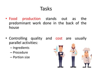 Tasks
• Food production stands out as the
predominant work done in the back of the
house
• Controlling quality and cost are usually
parallel activities:
– Ingredients
– Procedure
– Portion size
 