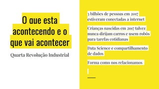 O que esta
acontecendo e o
que vai acontecer
Quarta Revolução Industrial
3 bilhões de pessoas em 2017
estiveram conectadas a internet
Crianças nascidas em 2o17 talvez
nunca dirijam carros e usem robôs
para tarefas cotidianas
Data Science e compartilhamento
de dados
Forma como nos relacionamos
 