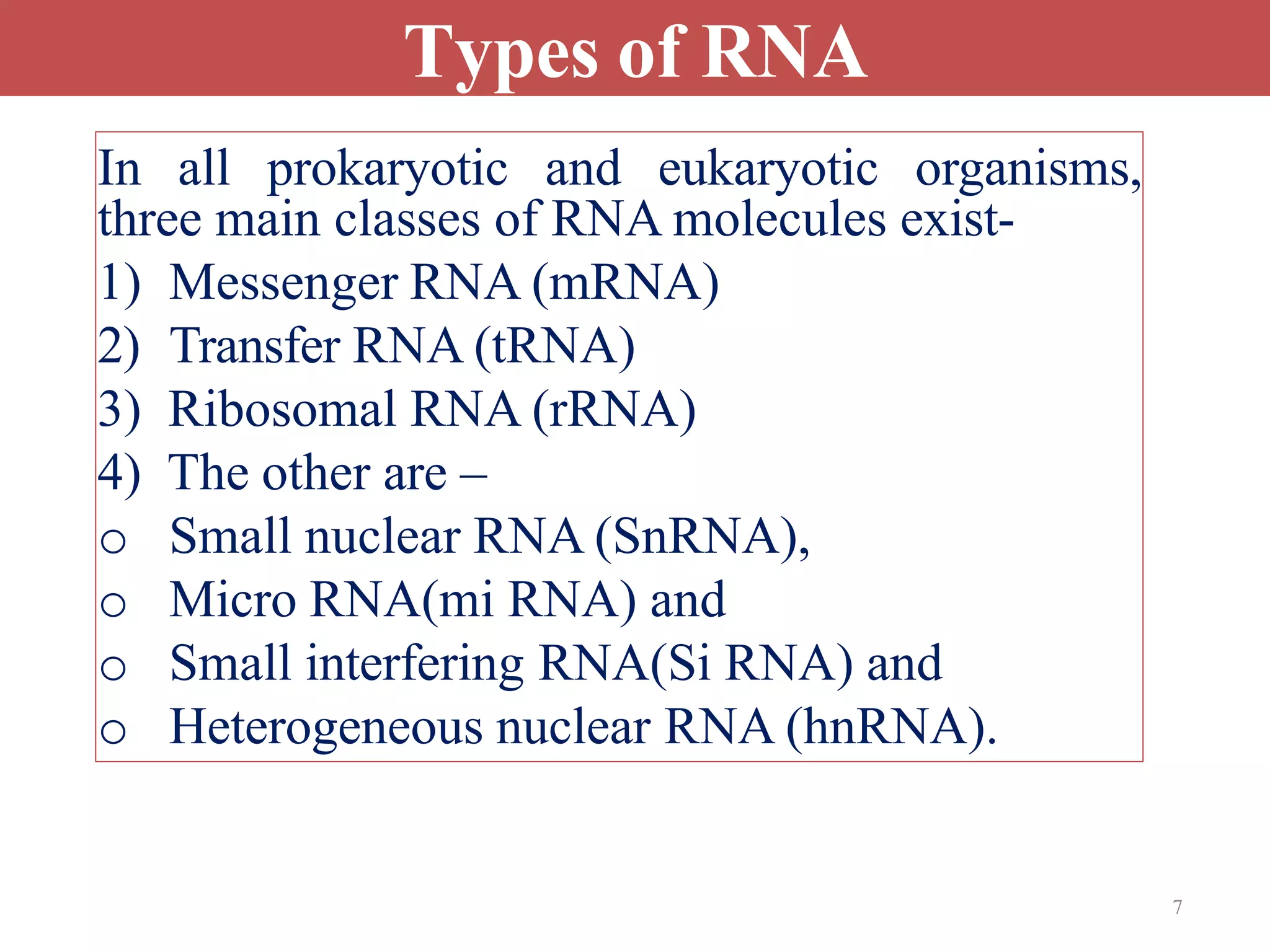 7
Types of RNA
In all prokaryotic and eukaryotic organisms,
three main classes of RNA molecules exist-
1) Messenger RNA (mRNA)
2) Transfer RNA (tRNA)
3) Ribosomal RNA (rRNA)
4) The other are –
o Small nuclear RNA (SnRNA),
o Micro RNA(mi RNA) and
o Small interfering RNA(Si RNA) and
o Heterogeneous nuclear RNA (hnRNA).
 