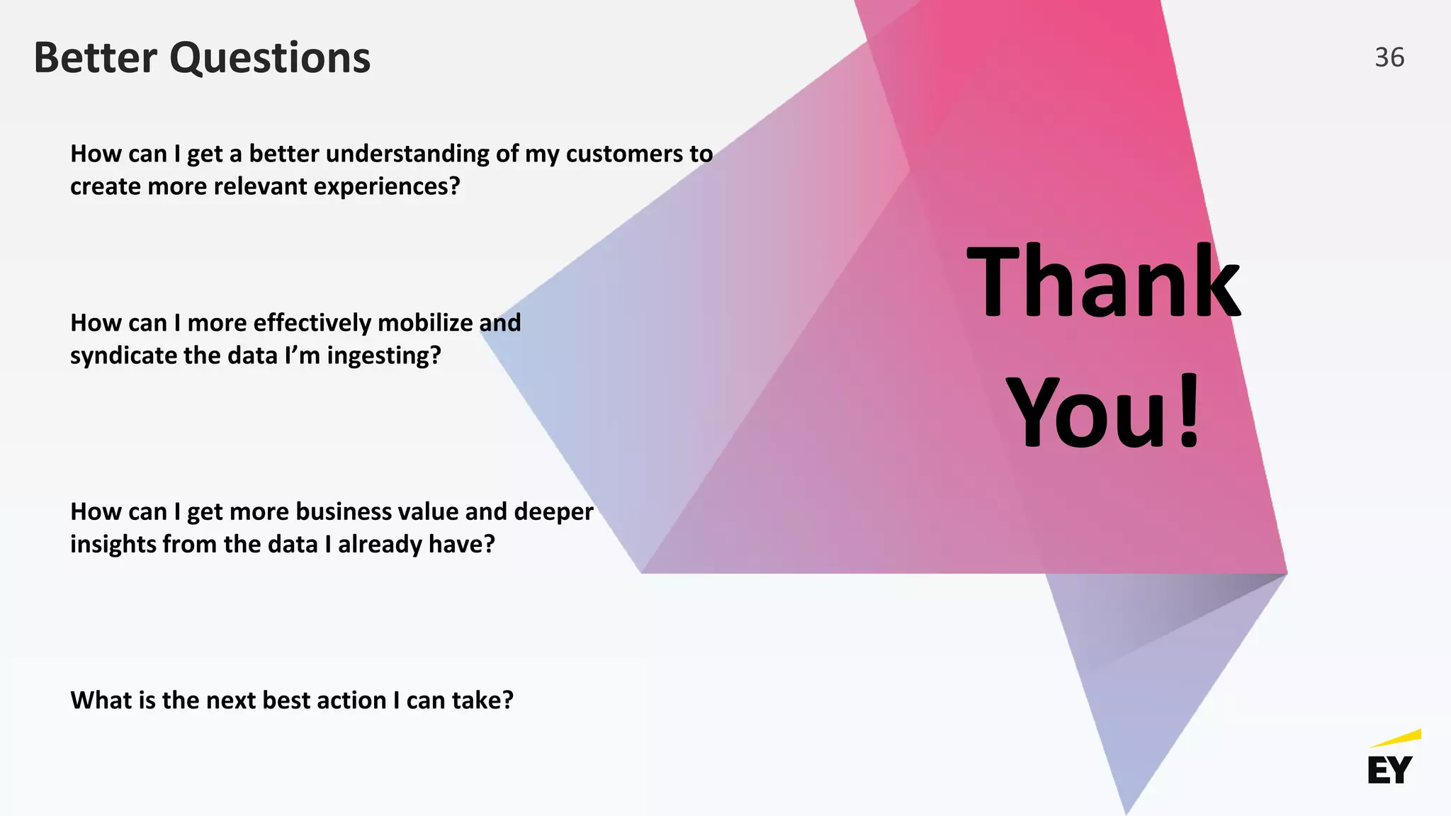 Better Questions
How can I get more business value and deeper
insights from the data I already have?
How can I get a better understanding of my customers to
create more relevant experiences?
How can I more effectively mobilize and
syndicate the data I’m ingesting?
What is the next best action I can take?
Thank
You!
36
 