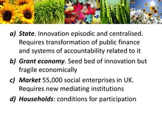 State. Innovation episodic and centralised. Requires transformation of public finance and systems of accountability related to itGrant economy. Seed bed of innovation but fragile economicallyMarket 55,000 social enterprises in UK. Requires new mediating institutionsHouseholds: conditions for participation