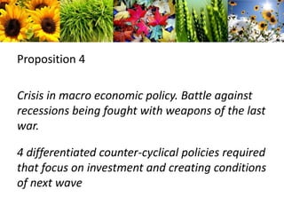Proposition 4Crisis in macro economic policy. Battle against recessions being fought with weapons of the last war. 4 differentiated counter-cyclical policies required that focus on investment and creating conditions of next wave  