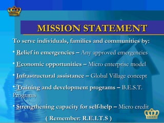 MISSION STATEMENTMISSION STATEMENT
To serve individuals, families and communities by:To serve individuals, families and communities by:
• RRelief in emergencies –elief in emergencies – Any approved emergenciesAny approved emergencies
• EEconomic opportunities –conomic opportunities – Micro enterprise modelMicro enterprise model
• IInfrastructural assistance –nfrastructural assistance – Global Village conceptGlobal Village concept
• TTraining and development programs –raining and development programs – B.E.S.T.B.E.S.T.
ProgramsPrograms
• SStrengthening capacity for self-help –trengthening capacity for self-help – Micro creditMicro credit
( Remember: R.E.I.T.S )( Remember: R.E.I.T.S )
 