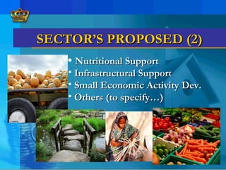 • Nutritional SupportNutritional Support
• Infrastructural SupportInfrastructural Support
• Small Economic Activity Dev.Small Economic Activity Dev.
• Others (to specify…)Others (to specify…)
SECTOR’S PROPOSED (2)SECTOR’S PROPOSED (2)
 