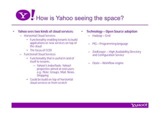 How is Yahoo seeing the space?

•   Yahoo sees two kinds of cloud services:            •   Technology – Open Source adoption
     – Horizontal Cloud Services                            – Hadoop – Grid
         • Functionality enabling tenants to build
            applications or new services on top of          – PIG – Programming language
            the cloud
         • The focus of CCDI                                – ZooKeeper -- High-Availability Directory
     – Functional Cloud Services                              and Configuration Service
         • Functionality that is useful in and of
            itself to tenants.                              – Oozie – Workflow engine
               – Yahoo!’s IndexTools; Yahoo!
                   properties aimed at end-users
                   e.g., flickr, Groups, Mail, News,
                   Shopping
         • Could be build on top of horizontal
            cloud services or from scratch
 