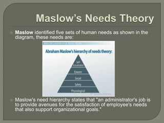  Maslow identified five sets of human needs as shown in the
diagram, these needs are:
 Maslow's need hierarchy states that "an administrator's job is
to provide avenues for the satisfaction of employee's needs
that also support organizational goals."
 
