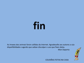 fin
As imaxes dos animais foron collidas da internet. Agradezolle aos autores a súa
dispoñibilidade e agardo que saiban disculpar o uso que fixen delas.
Mon Daporta
COUSIÑAS FEITAS NA CASA
 