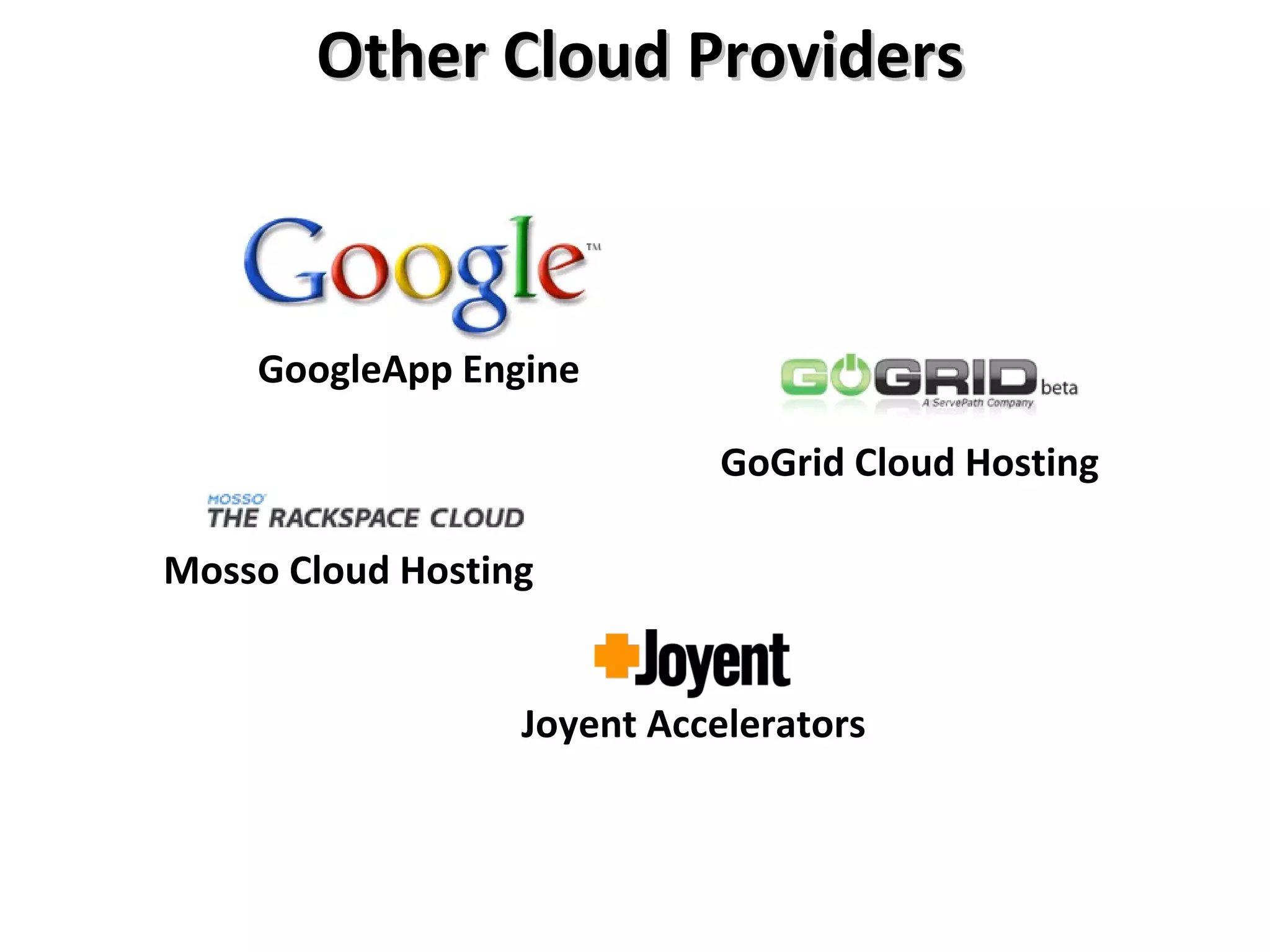 GoogleApp Engine
Other Cloud ProvidersOther Cloud Providers
GoGrid Cloud Hosting
Joyent Accelerators
Mosso Cloud Hosting
 