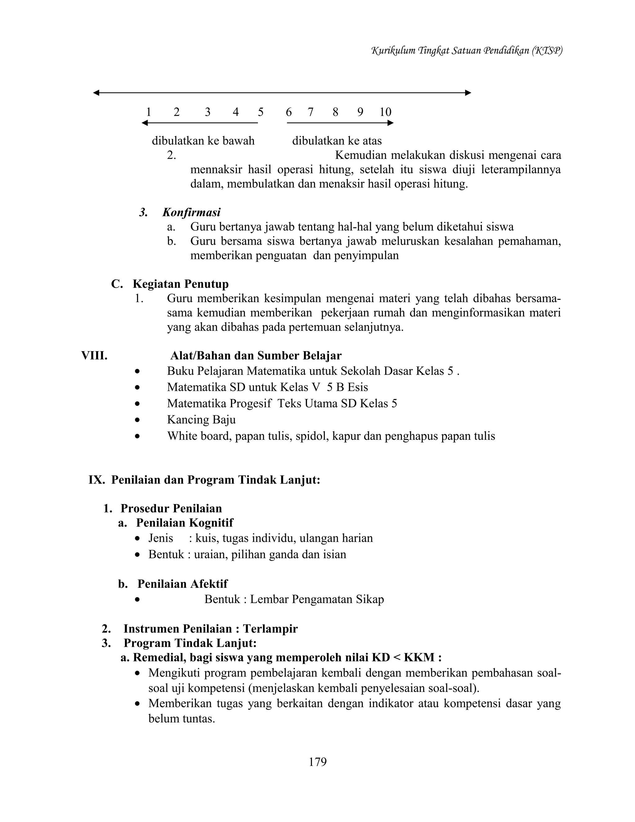 Kurikulum Tingkat Satuan Pendidikan (KTSP)

1

2

3

4

5

6

7

8

9

10

dibulatkan ke bawah
dibulatkan ke atas
2.
Kemudian melakukan diskusi mengenai cara
mennaksir hasil operasi hitung, setelah itu siswa diuji leterampilannya
dalam, membulatkan dan menaksir hasil operasi hitung.
3.

Konfirmasi
a. Guru bertanya jawab tentang hal-hal yang belum diketahui siswa
b. Guru bersama siswa bertanya jawab meluruskan kesalahan pemahaman,
memberikan penguatan dan penyimpulan

C. Kegiatan Penutup
1.
Guru memberikan kesimpulan mengenai materi yang telah dibahas bersamasama kemudian memberikan pekerjaan rumah dan menginformasikan materi
yang akan dibahas pada pertemuan selanjutnya.
VIII.
•
•
•
•
•

Alat/Bahan dan Sumber Belajar
Buku Pelajaran Matematika untuk Sekolah Dasar Kelas 5 .
Matematika SD untuk Kelas V 5 B Esis
Matematika Progesif Teks Utama SD Kelas 5
Kancing Baju
White board, papan tulis, spidol, kapur dan penghapus papan tulis

IX. Penilaian dan Program Tindak Lanjut:
1. Prosedur Penilaian
a. Penilaian Kognitif
• Jenis : kuis, tugas individu, ulangan harian
• Bentuk : uraian, pilihan ganda dan isian
b. Penilaian Afektif
•
Bentuk : Lembar Pengamatan Sikap
2.
3.

Instrumen Penilaian : Terlampir
Program Tindak Lanjut:
a. Remedial, bagi siswa yang memperoleh nilai KD < KKM :
• Mengikuti program pembelajaran kembali dengan memberikan pembahasan soalsoal uji kompetensi (menjelaskan kembali penyelesaian soal-soal).
• Memberikan tugas yang berkaitan dengan indikator atau kompetensi dasar yang
belum tuntas.
179

 