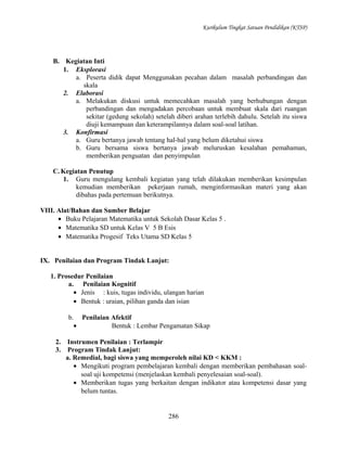 Kurikulum Tingkat Satuan Pendidikan (KTSP)

B. Kegiatan Inti
1. Eksplorasi
a. Peserta didik dapat Menggunakan pecahan dalam masalah perbandingan dan
skala
2. Elaborasi
a. Melakukan diskusi untuk memecahkan masalah yang berhubungan dengan
perbandingan dan mengadakan percobaan untuk membuat skala dari ruangan
sekitar (gedung sekolah) setelah diberi arahan terlebih dahulu. Setelah itu siswa
diuji kemampuan dan keterampilannya dalam soal-soal latihan.
3. Konfirmasi
a. Guru bertanya jawab tentang hal-hal yang belum diketahui siswa
b. Guru bersama siswa bertanya jawab meluruskan kesalahan pemahaman,
memberikan penguatan dan penyimpulan
C. Kegiatan Penutup
1. Guru mengulang kembali kegiatan yang telah dilakukan memberikan kesimpulan
kemudian memberikan pekerjaan rumah, menginformasikan materi yang akan
dibahas pada pertemuan berikutnya.
VIII. Alat/Bahan dan Sumber Belajar
• Buku Pelajaran Matematika untuk Sekolah Dasar Kelas 5 .
• Matematika SD untuk Kelas V 5 B Esis
• Matematika Progesif Teks Utama SD Kelas 5
IX. Penilaian dan Program Tindak Lanjut:
1. Prosedur Penilaian
a. Penilaian Kognitif
• Jenis : kuis, tugas individu, ulangan harian
• Bentuk : uraian, pilihan ganda dan isian
b. Penilaian Afektif
•
Bentuk : Lembar Pengamatan Sikap
2.
3.

Instrumen Penilaian : Terlampir
Program Tindak Lanjut:
a. Remedial, bagi siswa yang memperoleh nilai KD < KKM :
• Mengikuti program pembelajaran kembali dengan memberikan pembahasan soalsoal uji kompetensi (menjelaskan kembali penyelesaian soal-soal).
• Memberikan tugas yang berkaitan dengan indikator atau kompetensi dasar yang
belum tuntas.

286

 