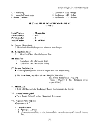 Kurikulum Tingkat Satuan Pendidikan (KTSP)

4. = baik/sering
5. = sangat baik/sangat sering
Pedoman Penilaian:

1. Jumlah skor 11-15 = Tinggi
2. Jumlah skor 6-10 = Sedang
3. Jumlah skor 1- 5 = Rendah

RENCANA PELAKSANAAN PEMBELAJARAN
( RPP )

Mata Pelajaran
Kelas/Semester
Pertemuan Ke
Alokasi Waktu
I.

:
:
:
:

Matematika
V/ 2
1-4
8 x 35 Menit

Standar Kompetensi
6. Memahami sifat-sifat bangun dan hubungan antar bangun

II. Kompetensi Dasar
6.1. Mengidentifikasi sifat-sifat bangun datar
III. Indikator
•
Memahami sifat-sifat bangun datar
•
Memahami sifat-sifat bangun ruang
IV. Tujuan Pembelajaran
• Siswa dapat mengetahui sifat-sifat bangun datar dan bangun ruang
 Karakter siswa yang diharapkan : Disiplin ( Discipline ),
Rasa hormat dan perhatian ( respect )
Tekun ( diligence ) dan Tanggung jawab
(responsibility )
V. Materi Ajar
• Sifat-sifat Bangun Datar dan Bangun Ruang, Kesebangunan dan Simetri
VI. Metode Pembelajaran
• Tanya Jawab, Deduktif, latihan, Ekspositori, demonstrasi
VII. Kegiatan Pembelajaran
Pertemuan ke 1-4
A.

Kegiatan awal
1. Apresepsi/ Motivasi
2. Mengadakan penelitian ke seluruh ruang kelas mencari mana yang berbentuk bangun
datar.
290

 