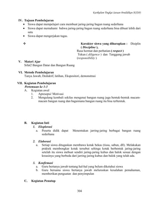 Kurikulum Tingkat Satuan Pendidikan (KTSP)

IV. Tujuan Pembelajaran
• Siswa dapat mempelajari cara membuat jaring-jaring bagun ruang sederhana
• Siswa dapat memahami bahwa jaring-jaring bagun ruang sederhana bisa dibuat lebih dari
satu
• Siswa dapat mengerjakan tugas.
Karakter siswa yang diharapkan : Disiplin
( Discipline ),
Rasa hormat dan perhatian ( respect )
Tekun ( diligence ) dan Tanggung jawab
(responsibility )



V. Materi Ajar
Sifat2 Bangun Datar dan Bangun Ruang
VI. Metode Pembelajaran
Tanya Jawab, Deduktif, latihan, Ekspositori, demonstrasi
VII. Kegiatan Pembelajaran
Pertemuan ke 1-3
A. Kegiatan awal
1.
Apresepsi/ Motivasi
2.
Mengulang kembali sekilas mengenai bangun ruang juga bentuk-bentuk macammacam bangun ruang dan bagaimana bangun ruang itu bisa terbentuk.

B.

Kegiatan Inti
1. Eksplorasi
a. Peserta didik dapat
sederhana

Menentukan jarring-jaring berbagai bangun ruang

2. Elaborasi
a. Setiap siswa ditugaskan membawa kotak bekas (tissu, sabun, dll). Melakukan
praktek membongkar kotak tersebut sehinga kotak berbentuk jaring-jaring
setelah itu siswa mebuat sendiri jaring-jaring kubus dan balok sesuai dengan
kreasinya yang berbeda dari jarring-jaring kubus dan balok yang telah ada.
3. Konfirmasi
a. Guru bertanya jawab tentang hal-hal yang belum diketahui siswa
b. Guru bersama siswa bertanya jawab meluruskan kesalahan pemahaman,
memberikan penguatan dan penyimpulan
C.

Kegiatan Penutup
304

 