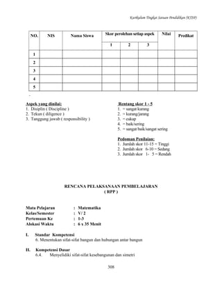 Kurikulum Tingkat Satuan Pendidikan (KTSP)

NO.

NIS

Nama Siswa

Skor perolehan setiap aspek
1

2

Nilai

3

1
2
3
4
5

Aspek yang dinilai:
1. Disiplin ( Discipline )
2. Tekun ( diligence )
3. Tanggung jawab ( responsibility )

Rentang skor 1 - 5
1. = sangat kurang
2. = kurang/jarang
3. = cukup
4. = baik/sering
5. = sangat baik/sangat sering
Pedoman Penilaian:
1. Jumlah skor 11-15 = Tinggi
2. Jumlah skor 6-10 = Sedang
3. Jumlah skor 1- 5 = Rendah

RENCANA PELAKSANAAN PEMBELAJARAN
( RPP )

Mata Pelajaran
Kelas/Semester
Pertemuan Ke
Alokasi Waktu

:
:
:
:

Matematika
V/ 2
1-3
6 x 35 Menit

I.

Standar Kompetensi
6. Menentukan sifat-sifat bangun dan hubungan antar bangun

II.

Kompetensi Dasar
6.4.
Menyelidiki sifat-sifat kesebangunan dan simetri
308

Predikat

 
