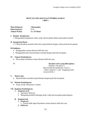Kurikulum Tingkat Satuan Pendidikan (KTSP)

RENCANA PELAKSANAAN PEMBELAJARAN
( RPP )

Mata Pelajaran
Kelas/Semester
Alokasi Waktu

: Matematika
: V/ I
: 6 x 35 Menit

I. Standar Kompetensi
2. Mengunakan pengukuran waktu, jarak, dan kecepatan dalam pemecahan masalah
II. Kompetensi Dasar
2.5. Menyelesaikan masalah sehari-hari yang berkaitan dengan waktu jarak dan kecepatan
III.Indikator
• Menggunakan satuan dimensi lebih dari satu
• Menggunakan dan menyelesaikan masalah dengan jarak dan kecepatan
IV. Tujuan Pembelajaran
• Siswa dapat memahami satuan dimensi lebih dari satu


V.

Karakter siswa yang diharapkan :
Disiplin ( Discipline ),
Rasa hormat dan perhatian ( respect )
Tekun ( diligence ) dan Tanggung jawab
(responsibility )

Materi Ajar
• Menyelesaikan masalah yang berkaitan dengan jarak dan kecepatan

VI. Metode Pembelajaran
• Tanya Jawab, Ekspositori, Latihan
VII. Kegiatan Pembelajaran
A. Kegiatan awal
1. Apresepsi/ Motivasi
2. Mengulang kembali hubungan jarak, waktu dan kecepatan pada diagram.
B. Kegiatan Inti
1. Eksplorasi
a. Peserta didik dapat Memahami satuan dimensi lebih dari satu
2. Elaborasi
231

 