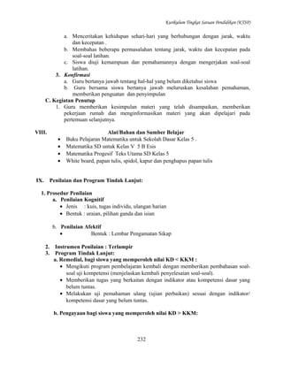Kurikulum Tingkat Satuan Pendidikan (KTSP)

a. Menceritakan kehidupan sehari-hari yang berhubungan dengan jarak, waktu
dan kecepatan .
b. Membahas beberapa permasalahan tentang jarak, waktu dan kecepatan pada
soal-soal latihan.
c. Siswa diuji kemampuan dan pemahamannya dengan mengerjakan soal-soal
latihan.
3. Konfirmasi
a. Guru bertanya jawab tentang hal-hal yang belum diketahui siswa
b. Guru bersama siswa bertanya jawab meluruskan kesalahan pemahaman,
memberikan penguatan dan penyimpulan
C. Kegiatan Penutup
1. Guru memberikan kesimpulan materi yang telah disampaikan, memberikan
pekerjaan rumah dan menginformasikan materi yang akan dipelajari pada
pertemuan selanjutnya.
VIII.
•
•
•
•
IX.

Alat/Bahan dan Sumber Belajar
Buku Pelajaran Matematika untuk Sekolah Dasar Kelas 5 .
Matematika SD untuk Kelas V 5 B Esis
Matematika Progesif Teks Utama SD Kelas 5
White board, papan tulis, spidol, kapur dan penghapus papan tulis

Penilaian dan Program Tindak Lanjut:

1. Prosedur Penilaian
a. Penilaian Kognitif
• Jenis : kuis, tugas individu, ulangan harian
• Bentuk : uraian, pilihan ganda dan isian
b. Penilaian Afektif
•
Bentuk : Lembar Pengamatan Sikap
2.
3.

Instrumen Penilaian : Terlampir
Program Tindak Lanjut:
a. Remedial, bagi siswa yang memperoleh nilai KD < KKM :
• Mengikuti program pembelajaran kembali dengan memberikan pembahasan soalsoal uji kompetensi (menjelaskan kembali penyelesaian soal-soal).
• Memberikan tugas yang berkaitan dengan indikator atau kompetensi dasar yang
belum tuntas.
• Melakukan uji pemahaman ulang (ujian perbaikan) sesuai dengan indikator/
kompetensi dasar yang belum tuntas.
b. Pengayaan bagi siswa yang memperoleh nilai KD > KKM:

232

 