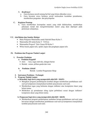 Kurikulum Tingkat Satuan Pendidikan (KTSP)

3.

Konfirmasi
Guru bertanya jawab tentang hal-hal yang belum diketahui siswa
Guru bersama siswa bertanya jawab meluruskan kesalahan pemahaman,
memberikan penguatan dan penyimpulan

a.
b.
C.

Kegiatan Penutup
1. Guru memberikan kesimpulan materi yang telah didiskusikan, memberikan
pekerjaan rumah dan menginformasikan materi yang akan dipelajari pada
pertemuan selanjutnya.

VIII. Alat/Bahan dan Sumber Belajar
• Buku Pelajaran Matematika untuk Sekolah Dasar Kelas 5 .
• Matematika SD untuk Kelas V 5 B Esis
• Matematika Progesif Teks Utama SD Kelas 5
• White board, papan tulis, spidol, kapur dan penghapus papan tulis
IX. Penilaian dan Program Tindak Lanjut:
1.

Prosedur Penilaian
a. Penilaian Kognitif
• Jenis : kuis, tugas individu, ulangan harian
• Bentuk : uraian, pilihan ganda dan isian
b. Penilaian Afektif
•
Bentuk : Lembar Pengamatan Sikap
2.
3.

Instrumen Penilaian : Terlampir
Program Tindak Lanjut:
a. Remedial, bagi siswa yang memperoleh nilai KD < KKM :
• Mengikuti program pembelajaran kembali dengan memberikan pembahasan soalsoal uji kompetensi (menjelaskan kembali penyelesaian soal-soal).
• Memberikan tugas yang berkaitan dengan indikator atau kompetensi dasar yang
belum tuntas.
• Melakukan uji pemahaman ulang (ujian perbaikan) sesuai dengan indikator/
kompetensi dasar yang belum tuntas.
b. Pengayaan bagi siswa yang memperoleh nilai KD > KKM:
• Memberikan program pembelajaran tambahan berupa pembahasan soal-soal yang
bervariasi dengan memberikan pembahasan soal-soal uji kompetensi (menjelaskan
kembali penyelesaian soal-soal).

240

 