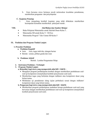 Kurikulum Tingkat Satuan Pendidikan (KTSP)

b.

Guru bersama siswa bertanya jawab meluruskan kesalahan pemahaman,
memberikan penguatan dan penyimpulan

C. Kegiatan Penutup
1.
Guru mengulang kembali kegiatan yang telah dilakukan memberikan
kesimpulan kemudian memberikan pekerjaan rumah .
VIII.
•
•
•

Alat/Bahan dan Sumber Belajar
Buku Pelajaran Matematika untuk Sekolah Dasar Kelas 5 .
Matematika SD untuk Kelas V 5 B Esis
Matematika Progesif Teks Utama SD Kelas 5

IX. Penilaian dan Program Tindak Lanjut:
1. Prosedur Penilaian
a. Penilaian Kognitif
• Jenis : kuis, tugas individu, ulangan harian
• Bentuk : uraian, pilihan ganda dan isian
b. Penilaian Afektif
•
Bentuk : Lembar Pengamatan Sikap
2.
3.

Instrumen Penilaian : Terlampir
Program Tindak Lanjut:
a. Remedial, bagi siswa yang memperoleh nilai KD < KKM :
• Mengikuti program pembelajaran kembali dengan memberikan pembahasan soalsoal uji kompetensi (menjelaskan kembali penyelesaian soal-soal).
• Memberikan tugas yang berkaitan dengan indikator atau kompetensi dasar yang
belum tuntas.
• Melakukan uji pemahaman ulang (ujian perbaikan) sesuai dengan indikator/
kompetensi dasar yang belum tuntas.
b. Pengayaan bagi siswa yang memperoleh nilai KD > KKM:
• Memberikan program pembelajaran tambahan berupa pembahasan soal-soal yang
bervariasi dengan memberikan pembahasan soal-soal uji kompetensi (menjelaskan
kembali penyelesaian soal-soal).

265

 