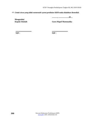 KTSP Perangkat Pembelajaran Tingkat SD, MI, DAN SDLB


 Untuk siswa yang tidak memenuhi syarat penilaian KKM maka diadakan Remedial.

                                                                      ............, ......................20 ...
      Mengetahui
      Kepala Sekolah                                                  Guru Mapel Matematika



       ..................................                             ..................................
       NIP :                                                          NIP :




268                                         Rencana Pelaksanaan Pembelajaran (RPP)
                                               www.jufri saleh, muhammad.com
 