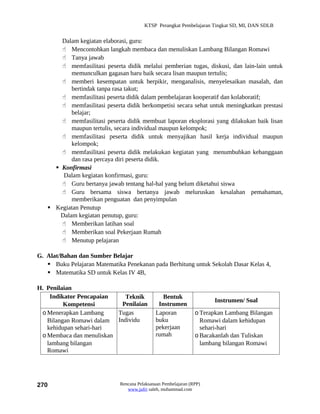 KTSP Perangkat Pembelajaran Tingkat SD, MI, DAN SDLB


       Dalam kegiatan elaborasi, guru:
        Mencontohkan langkah membaca dan menuliskan Lambang Bilangan Romawi
        Tanya jawab
        memfasilitasi peserta didik melalui pemberian tugas, diskusi, dan lain-lain untuk
           memunculkan gagasan baru baik secara lisan maupun tertulis;
        memberi kesempatan untuk berpikir, menganalisis, menyelesaikan masalah, dan
           bertindak tanpa rasa takut;
        memfasilitasi peserta didik dalam pembelajaran kooperatif dan kolaboratif;
        memfasilitasi peserta didik berkompetisi secara sehat untuk meningkatkan prestasi
           belajar;
        memfasilitasi peserta didik membuat laporan eksplorasi yang dilakukan baik lisan
           maupun tertulis, secara individual maupun kelompok;
        memfasilitasi peserta didik untuk menyajikan hasil kerja individual maupun
           kelompok;
        memfasilitasi peserta didik melakukan kegiatan yang menumbuhkan kebanggaan
           dan rasa percaya diri peserta didik.
      Konfirmasi
        Dalam kegiatan konfirmasi, guru:
        Guru bertanya jawab tentang hal-hal yang belum diketahui siswa
        Guru bersama siswa bertanya jawab meluruskan kesalahan pemahaman,
           memberikan penguatan dan penyimpulan
    Kegiatan Penutup
       Dalam kegiatan penutup, guru:
        Memberikan latihan soal
        Memberikan soal Pekerjaan Rumah
        Menutup pelajaran

G. Alat/Bahan dan Sumber Belajar
    Buku Pelajaran Matematika Penekanan pada Berhitung untuk Sekolah Dasar Kelas 4,
    Matematika SD untuk Kelas IV 4B,

H. Penilaian
    Indikator Pencapaian    Teknik              Bentuk
                                                                      Instrumen/ Soal
         Kompetensi        Penilaian          Instrumen
 o Menerapkan Lambang     Tugas              Laporan            o Terapkan Lambang Bilangan
   Bilangan Romawi dalam Individu            buku                 Romawi dalam kehidupan
   kehidupan sehari-hari                     pekerjaan            sehari-hari
 o Membaca dan menuliskan                    rumah              o Bacakanlah dan Tuliskan
   lambang bilangan                                               lambang bilangan Romawi
   Romawi




270                          Rencana Pelaksanaan Pembelajaran (RPP)
                                www.jufri saleh, muhammad.com
 