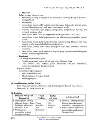 KTSP Perangkat Pembelajaran Tingkat SD, MI, DAN SDLB


        Elaborasi
       Dalam kegiatan elaborasi, guru:
        Mencontohkan langkah membaca dan menuliskan Lambang Bilangan Romawi=
           Bilangan Cacah
        Tanya jawab
        memfasilitasi peserta didik melalui pemberian tugas, diskusi, dan lain-lain untuk
           memunculkan gagasan baru baik secara lisan maupun tertulis;
        memberi kesempatan untuk berpikir, menganalisis, menyelesaikan masalah, dan
           bertindak tanpa rasa takut;
        memfasilitasi peserta didik dalam pembelajaran kooperatif dan kolaboratif;
        memfasilitasi peserta didik berkompetisi secara sehat untuk meningkatkan prestasi
           belajar;
        memfasilitasi peserta didik membuat laporan eksplorasi yang dilakukan baik lisan
           maupun tertulis, secara individual maupun kelompok;
        memfasilitasi peserta didik untuk menyajikan hasil kerja individual maupun
           kelompok;
        memfasilitasi peserta didik melakukan kegiatan yang menumbuhkan kebanggaan
           dan rasa percaya diri peserta didik.
      Konfirmasi
        Dalam kegiatan konfirmasi, guru:
        Guru bertanya jawab tentang hal-hal yang belum diketahui siswa
        Guru bersama siswa bertanya jawab meluruskan kesalahan pemahaman,
           memberikan penguatan dan penyimpulan
    Kegiatan Penutup
       Dalam kegiatan penutup, guru:
        Memberikan latihan soal
        Memberikan soal Pekerjaan Rumah
        Menutup pelajaran

G. Alat/Bahan dan Sumber Belajar
    Buku Pelajaran Matematika Penekanan pada Berhitung untuk Sekolah Dasar Kelas 4,
    Matematika SD untuk Kelas IV 4B,

H. Penilaian
    Indikator Pencapaian       Teknik           Bentuk
                                                                       Instrumen/ Soal
         Kompetensi           Penilaian       Instrumen
 o Menerapkan Lambang                        Laporan            o Terapkan Lambang Bilangan
    Bilangan Romawi dalam    Tugas           buku                 Romawi dalam kehidupan
    kehidupan sehari-hari=   Individu        pekerjaan            sehari-hari= Bilangan Cacah
    Bilangan Cacah           dan             rumah              o Bacakanlah dan menuliskan
 o Membaca dan               Kelompok                             lambang bilangan Romawi=
    menuliskan lambang                                            Bilangan Cacah
    bilangan Romawi=
274                          Rencana Pelaksanaan Pembelajaran (RPP)
                                www.jufri saleh, muhammad.com
 
