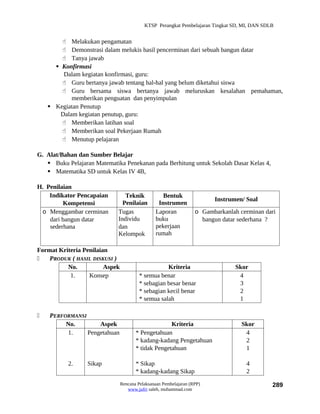 KTSP Perangkat Pembelajaran Tingkat SD, MI, DAN SDLB


         Melakukan pengamatan
         Demonstrasi dalam melukis hasil pencerminan dari sebuah bangun datar
         Tanya jawab
       Konfirmasi
         Dalam kegiatan konfirmasi, guru:
         Guru bertanya jawab tentang hal-hal yang belum diketahui siswa
         Guru bersama siswa bertanya jawab meluruskan kesalahan pemahaman,
            memberikan penguatan dan penyimpulan
     Kegiatan Penutup
        Dalam kegiatan penutup, guru:
         Memberikan latihan soal
         Memberikan soal Pekerjaan Rumah
         Menutup pelajaran

G. Alat/Bahan dan Sumber Belajar
    Buku Pelajaran Matematika Penekanan pada Berhitung untuk Sekolah Dasar Kelas 4,
    Matematika SD untuk Kelas IV 4B,

H. Penilaian
    Indikator Pencapaian        Teknik             Bentuk
                                                                         Instrumen/ Soal
         Kompetensi            Penilaian         Instrumen
 o Menggambar cerminan       Tugas              Laporan            o Gambarkanlah cerminan dari
    dari bangun datar        Individu           buku                 bangun datar sederhana ?
    sederhana                dan                pekerjaan
                             Kelompok           rumah

Format Kriteria Penilaian
   PRODUK ( HASIL DISKUSI )
          No.           Aspek                       Kriteria                     Skor
           1.     Konsep                 * semua benar                            4
                                         * sebagian besar benar                   3
                                         * sebagian kecil benar                   2
                                         * semua salah                            1

   PERFORMANSI
         No.        Aspek                            Kriteria                      Skor
         1.     Pengetahuan            * Pengetahuan                                4
                                       * kadang-kadang Pengetahuan                  2
                                       * tidak Pengetahuan                          1

           2.     Sikap                * Sikap                                      4
                                       * kadang-kadang Sikap                        2
                                Rencana Pelaksanaan Pembelajaran (RPP)                        289
                                   www.jufri saleh, muhammad.com
 