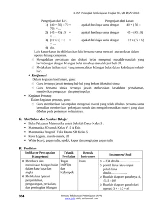 KTSP Perangkat Pembelajaran Tingkat SD, MI, DAN SDLB


               Pengerjaan dari kiri                             Pengerjaan dari kanan
                  1) (40 + 50) – 70 =         apakah hasilnya sama dengan       40 + ( 50 –
                      70) =…
                  2) (45 – 45) : 5 =          apakah hasilnya sama dengan        45 – (45 : 9)
                      =…
                  3) (12 x 5) + 6 =           apakah hasilnya sama dengan         12 x ( 5 + 6)
                      =…
                  4) dst.
         Lalu kasus-kasus itu didiskusikan lalu bersama-sama mencari aturan dasar dalam
         operasi hitung campuran.
        Mengadakan percobaan dan diskusi kelas mengenai masalah-masalah yang
           berhubungan dengan bilangan bulat misalnya masalah jual beli dll.
        Melakukan latihan soal yang memecahkan bilangan bulat dalam kehidupan sehari-
           hari.
      Konfirmasi
        Dalam kegiatan konfirmasi, guru:
        Guru bertanya jawab tentang hal-hal yang belum diketahui siswa
        Guru bersama siswa bertanya jawab meluruskan kesalahan pemahaman,
           memberikan penguatan dan penyimpulan
    Kegiatan Penutup
       Dalam kegiatan penutup, guru:
        Guru memberikan kesimpulan mengenai materi yang telah dibahas bersama-sama
           kemudian memberikan pekerjaan rumah dan menginformasikan materi yang akan
           dibahas pada pertemuan selanjutnya.

G. Alat/Bahan dan Sumber Belajar
    Buku Pelajaran Matematika untuk Sekolah Dasar Kelas 5 .
    Matematika SD untuk Kelas V 5 A Esis
    Matematika Progesif Teks Utama SD Kelas 5
    Koin Logam , manik-manik, dll
    White board, papan tulis, spidol, kapur dan penghapus papan tulis

H. Penilaian
    Indikator Pencapaian          Teknik          Bentuk
                                                                        Instrumen/ Soal
         Kompetensi              Penilaian      Instrumen
  o Membaca dan                Tugas           Isian              o – 234 ditulis………………..
    menuliskan bilngan bulat   IndVidu                            o positif lima ratus empat
    dalam kata-kata dan        dan                                  puluh lima
    angka                      Kelompok                             ditulis……………
  o Melakukan operasi                                             o Buatlah diagram panahnya 4,
    penjumlahan,                                                    -5,-3 –10!
    pengurangan, perkalian,                                       o Buatlah diagram panah dari
    dan pembagian bilangan                                          operasi 3 + - 10 = n!

304                            Rencana Pelaksanaan Pembelajaran (RPP)
                                  www.jufri saleh, muhammad.com
 