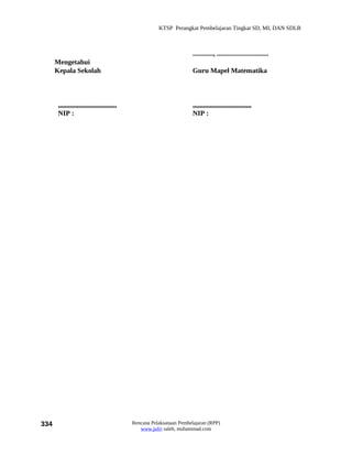KTSP Perangkat Pembelajaran Tingkat SD, MI, DAN SDLB



                                                                      ............, ..............................
      Mengetahui
      Kepala Sekolah                                                  Guru Mapel Matematika



       ..................................                             ..................................
       NIP :                                                          NIP :




334                                         Rencana Pelaksanaan Pembelajaran (RPP)
                                               www.jufri saleh, muhammad.com
 