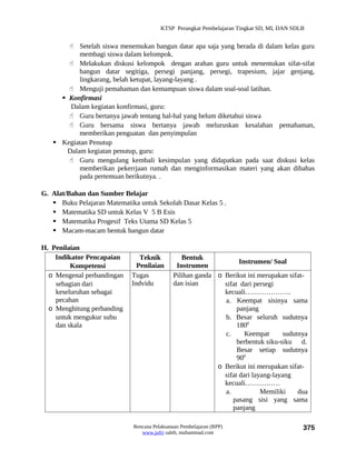 KTSP Perangkat Pembelajaran Tingkat SD, MI, DAN SDLB


        Setelah siswa menemukan bangun datar apa saja yang berada di dalam kelas guru
           membagi siswa dalam kelompok.
        Melakukan diskusi kelompok dengan arahan guru untuk menentukan sifat-sifat
           bangun datar segitiga, persegi panjang, persegi, trapesium, jajar genjang,
           lingkarang, belah ketupat, layang-layang .
        Menguji pemahaman dan kemampuan siswa dalam soal-soal latihan.
      Konfirmasi
        Dalam kegiatan konfirmasi, guru:
        Guru bertanya jawab tentang hal-hal yang belum diketahui siswa
        Guru bersama siswa bertanya jawab meluruskan kesalahan pemahaman,
           memberikan penguatan dan penyimpulan
    Kegiatan Penutup
       Dalam kegiatan penutup, guru:
        Guru mengulang kembali kesimpulan yang didapatkan pada saat diskusi kelas
           memberikan pekerrjaan rumah dan menginformasikan materi yang akan dibahas
           pada pertemuan berikutnya. .

G. Alat/Bahan dan Sumber Belajar
    Buku Pelajaran Matematika untuk Sekolah Dasar Kelas 5 .
    Matematika SD untuk Kelas V 5 B Esis
    Matematika Progesif Teks Utama SD Kelas 5
    Macam-macam bentuk bangun datar

H. Penilaian
    Indikator Pencapaian        Teknik          Bentuk
                                                                   Instrumen/ Soal
         Kompetensi            Penilaian      Instrumen
  o Mengenal perbandingan    Tugas           Pilihan ganda o Berikut ini merupakan sifat-
    sebagian dari            Indvidu         dan isian       sifat dari persegi
    keseluruhan sebagai                                      kecuali………………..
    pecahan                                                  a. Keempat sisinya sama
  o Menghitung perbanding                                         panjang
    untuk mengukur suhu                                      b. Besar seluruh sudutnya
    dan skala                                                     1800
                                                             c.      Keempat       sudutnya
                                                                  berbentuk siku-siku d.
                                                                  Besar setiap sudutnya
                                                                  900
                                                           o Berikut ini merupakan sifat-
                                                             sifat dari layang-layang
                                                             kecuali……………
                                                             a.            Memiliki     dua
                                                                pasang sisi yang sama
                                                                panjang

                             Rencana Pelaksanaan Pembelajaran (RPP)                        375
                                www.jufri saleh, muhammad.com
 