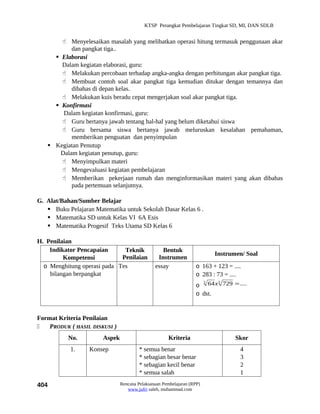 KTSP Perangkat Pembelajaran Tingkat SD, MI, DAN SDLB


        Menyelesaikan masalah yang melibatkan operasi hitung termasuk penggunaan akar
           dan pangkat tiga..
      Elaborasi
       Dalam kegiatan elaborasi, guru:
        Melakukan percobaan terhadap angka-angka dengan perhitungan akar pangkat tiga.
        Membuat contoh soal akar pangkat tiga kemudian ditukar dengan temannya dan
           dibahas di depan kelas.
        Melakukan kuis beradu cepat mengerjakan soal akar pangkat tiga.
      Konfirmasi
        Dalam kegiatan konfirmasi, guru:
        Guru bertanya jawab tentang hal-hal yang belum diketahui siswa
        Guru bersama siswa bertanya jawab meluruskan kesalahan pemahaman,
           memberikan penguatan dan penyimpulan
    Kegiatan Penutup
       Dalam kegiatan penutup, guru:
        Menyimpulkan materi
        Mengevaluasi kegiatan pembelajaran
        Memberikan pekerjaan rumah dan menginformasikan materi yang akan dibahas
           pada pertemuan selanjutnya.

G. Alat/Bahan/Sumber Belajar
    Buku Pelajaran Matematika untuk Sekolah Dasar Kelas 6 .
    Matematika SD untuk Kelas VI 6A Esis
    Matematika Progesif Teks Utama SD Kelas 6

H. Penilaian
    Indikator Pencapaian      Teknik              Bentuk
                                                                         Instrumen/ Soal
         Kompetensi          Penilaian          Instrumen
  o Menghitung operasi pada Tes                essay              o 163 + 123 = ....
    bilangan berpangkat                                           o 283 : 73 = ....
                                                                  o 64 x 729 = ....
                                                                    3    3


                                                                  o dst.


Format Kriteria Penilaian
   PRODUK ( HASIL DISKUSI )
           No.         Aspek                         Kriteria                    Skor
            1.    Konsep                * semua benar                              4
                                        * sebagian besar benar                     3
                                        * sebagian kecil benar                     2
                                        * semua salah                              1
404                            Rencana Pelaksanaan Pembelajaran (RPP)
                                  www.jufri saleh, muhammad.com
 