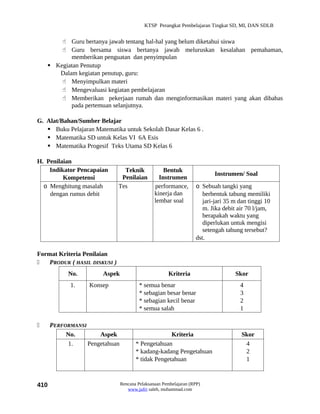 KTSP Perangkat Pembelajaran Tingkat SD, MI, DAN SDLB


         Guru bertanya jawab tentang hal-hal yang belum diketahui siswa
         Guru bersama siswa bertanya jawab meluruskan kesalahan pemahaman,
           memberikan penguatan dan penyimpulan
     Kegiatan Penutup
       Dalam kegiatan penutup, guru:
         Menyimpulkan materi
         Mengevaluasi kegiatan pembelajaran
         Memberikan pekerjaan rumah dan menginformasikan materi yang akan dibahas
           pada pertemuan selanjutnya.

G. Alat/Bahan/Sumber Belajar
    Buku Pelajaran Matematika untuk Sekolah Dasar Kelas 6 .
    Matematika SD untuk Kelas VI 6A Esis
    Matematika Progesif Teks Utama SD Kelas 6

H. Penilaian
    Indikator Pencapaian         Teknik             Bentuk
                                                                          Instrumen/ Soal
         Kompetensi             Penilaian         Instrumen
  o Menghitung masalah         Tes              performance,       o Sebuah tangki yang
    dengan rumus debit                          kinerja dan           berbentuk tabung memiliki
                                                lembar soal           jari-jari 35 m dan tinggi 10
                                                                      m. Jika debit air 70 l/jam,
                                                                      berapakah waktu yang
                                                                      diperlukan untuk mengisi
                                                                      setengah tabung tersebut?
                                                                   dst.

Format Kriteria Penilaian
   PRODUK ( HASIL DISKUSI )
            No.        Aspek                          Kriteria                     Skor
            1.     Konsep                * semua benar                               4
                                         * sebagian besar benar                      3
                                         * sebagian kecil benar                      2
                                         * semua salah                               1

     PERFORMANSI
           No.        Aspek                          Kriteria                         Skor
           1.     Pengetahuan          * Pengetahuan                                   4
                                       * kadang-kadang Pengetahuan                     2
                                       * tidak Pengetahuan                             1



410                             Rencana Pelaksanaan Pembelajaran (RPP)
                                   www.jufri saleh, muhammad.com
 