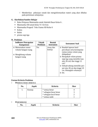 KTSP Perangkat Pembelajaran Tingkat SD, MI, DAN SDLB


           Memberikan pekerjaan rumah dan menginformasikan materi yang akan dibahas
            pada pertemuan selanjutnya

G. Alat/Bahan/Sumber Belajar
    Buku Pelajaran Matematika untuk Sekolah Dasar Kelas 6 .
    Matematika SD untuk Kelas VI 6A Esis
    Matematika Progesif Teks Utama SD Kelas 6
    Kubus
    Balok
    prisma segi tiga

H. Penilaian
    Indikator Pencapaian         Teknik               Bentuk
                                                                            Instrumen/ Soal
         Kompetensi             Penilaian           Instrumen
  o Menurunkan rumus           Tes                essay dan          o Buatlah laporan hasil
    volume bangun ruang                           kinerja              percobaan serta kesimpulan
                                                                       rumus-rumus volum yang
    o Menghitung volume                                                didapatkan!
      bangun ruang                                                   o Berapakah volum prisma
                                                                       segi tiga yang memiliki luas
                                                                       alas 28 cm2 dan tinggi 12
                                                                       cm?
                                                                     o Sebuah tabung memiliki jari-
                                                                       jari alas 28 cm dan tinggi 10
                                                                       cm. Hitunglah volumnya!
                                                                     o dst.


Format Kriteria Penilaian
   PRODUK ( HASIL DISKUSI )
            No.           Aspek                         Kriteria                    Skor
            1.      Konsep                 * semua benar                              4
                                           * sebagian besar benar                     3
                                           * sebagian kecil benar                     2
                                           * semua salah                              1

     PERFORMANSI
           No.         Aspek                              Kriteria                    Skor




422                               Rencana Pelaksanaan Pembelajaran (RPP)
                                     www.jufri saleh, muhammad.com
 