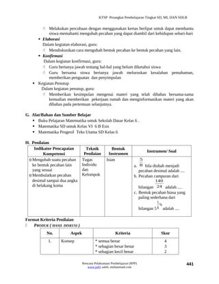 KTSP Perangkat Pembelajaran Tingkat SD, MI, DAN SDLB


        Melakukan percobaan dengan menggunakan kertas berlipat untuk dapat membantu
           siswa memahami mengubah pecahan yang dapat diambil dari kehidupan sehari-hari
      Elaborasi
       Dalam kegiatan elaborasi, guru:
        Mendiskusikan cara mengubah bentuk pecahan ke bentuk pecahan yang lain.
      Konfirmasi
        Dalam kegiatan konfirmasi, guru:
        Guru bertanya jawab tentang hal-hal yang belum diketahui siswa
        Guru bersama siswa bertanya jawab meluruskan kesalahan pemahaman,
           memberikan penguatan dan penyimpulan
    Kegiatan Penutup
       Dalam kegiatan penutup, guru:
        Memberikan kesimpulan mengenai materi yang telah dibahas bersama-sama
           kemudian memberikan pekerjaan rumah dan menginformasikan materi yang akan
           dibahas pada pertemuan selanjutnya.

G. Alat/Bahan dan Sumber Belajar
    Buku Pelajaran Matematika untuk Sekolah Dasar Kelas 6 .
    Matematika SD untuk Kelas VI 6 B Esis
    Matematika Progesif Teks Utama SD Kelas 6

H. Penilaian
    Indikator Pencapaian         Teknik           Bentuk
                                                                            Instrumen/ Soal
          Kompetensi            Penilaian       Instrumen
 o Mengubah suatu pecahan      Tugas           Isian                 5
   ke bentuk pecahan lain      Individu                           a. 8 bila diubah menjadi
   yang sesuai                 dan                                   pecahan desimal adalah ....
 o Membulatkan pecahan         Kelompok                           b. Pecahan campuran dari
   desimal sampai dua angka                                                      140
   di belakang koma                                                     bilangan 24 adalah ....
                                                                  c. Bentuk pecahan biasa yang
                                                                     paling sederhana dari
                                                                                   1
                                                                                     %
                                                                        bilangan 5 8 adalah ....

Format Kriteria Penilaian
   PRODUK ( HASIL DISKUSI )
           No.         Aspek                         Kriteria                        Skor
            1.    Konsep                * semua benar                                  4
                                        * sebagian besar benar                         3
                                        * sebagian kecil benar                         2

                               Rencana Pelaksanaan Pembelajaran (RPP)                              441
                                  www.jufri saleh, muhammad.com
 