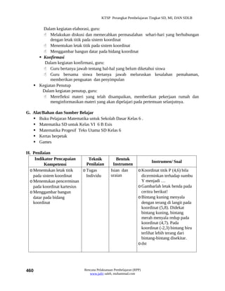 KTSP Perangkat Pembelajaran Tingkat SD, MI, DAN SDLB


       Dalam kegiatan elaborasi, guru:
        Melakukan diskusi dan memecahkan permasalahan sehari-hari yang berhubungan
           dengan letak titik pada sistem koordinat
        Menentukan letak titik pada sistem koordinat
        Menggambar bangun datar pada bidang koordinat
      Konfirmasi
        Dalam kegiatan konfirmasi, guru:
        Guru bertanya jawab tentang hal-hal yang belum diketahui siswa
        Guru bersama siswa bertanya jawab meluruskan kesalahan pemahaman,
           memberikan penguatan dan penyimpulan
    Kegiatan Penutup
       Dalam kegiatan penutup, guru:
        Merefleksi materi yang telah disampaikan, memberikan pekerjaan rumah dan
           menginformasikan materi yang akan dipelajari pada pertemuan selanjutnya.

G. Alat/Bahan dan Sumber Belajar
    Buku Pelajaran Matematika untuk Sekolah Dasar Kelas 6 .
    Matematika SD untuk Kelas VI 6 B Esis
    Matematika Progesif Teks Utama SD Kelas 6
    Kertas berpetak
    Games

H. Penilaian
    Indikator Pencapaian       Teknik            Bentuk
                                                                        Instrumen/ Soal
         Kompetensi           Penilaian        Instrumen
 o Menentukan letak titik   o Tugas           Isian dan          o Koordinat titik P (4,6) bila
   pada sistem koordinat      Individu        uraian               dicerminkan terhadap sumbu
 o Menentukan pencerminan                                          Y menjadi …
   pada koordinat kartesius                                      o Gambarlah letak benda pada
 o Menggambar bangun                                               ceritra berikut!
   datar pada bidang                                             o Bintang kuning menyala
   koordinat                                                       dengan terang di langit pada
                                                                   koordinat (5,8). Didekat
                                                                   bintang kuning, bintang
                                                                   merah menyala redup pada
                                                                   koordinat (4,7). Pada
                                                                   koordinat (-2,3) bintang biru
                                                                   terlihat lebih terang dari
                                                                   bintang-bintang disekitar.
                                                                 o dst




460                          Rencana Pelaksanaan Pembelajaran (RPP)
                                www.jufri saleh, muhammad.com
 