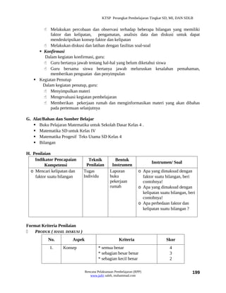 KTSP Perangkat Pembelajaran Tingkat SD, MI, DAN SDLB


        Melakukan percobaan dan observasi terhadap beberapa bilangan yang memiliki
           faktor dan kelipatan,     pengamatan, analisis data dan diskusi untuk dapat
           mendeskripsikan konsep faktor dan kelipatan
        Melakukan diskusi dan latihan dengan fasilitas soal-soal
      Konfirmasi
        Dalam kegiatan konfirmasi, guru:
        Guru bertanya jawab tentang hal-hal yang belum diketahui siswa
        Guru bersama siswa bertanya jawab meluruskan kesalahan pemahaman,
           memberikan penguatan dan penyimpulan
    Kegiatan Penutup
       Dalam kegiatan penutup, guru:
        Menyimpulkan materi
        Mengevaluasi kegiatan pembelajaran
        Memberikan pekerjaan rumah dan menginformasikan materi yang akan dibahas
           pada pertemuan selanjutnya

G. Alat/Bahan dan Sumber Belajar
    Buku Pelajaran Matematika untuk Sekolah Dasar Kelas 4 .
    Matematika SD untuk Kelas IV
    Matematika Progesif Teks Utama SD Kelas 4
    Bilangan

H. Penilaian
    Indikator Pencapaian          Teknik          Bentuk
                                                                         Instrumen/ Soal
         Kompetensi              Penilaian      Instrumen
  o Mencari kelipatan dan      Tugas           Laporan            o Apa yang dimaksud dengan
    faktor suatu bilangan      Individu        buku                 faktor suatu bilangan, beri
                                               pekerjaan            contohnya!
                                               rumah              o Apa yang dimaksud dengan
                                                                    kelipatan suatu bilangan, beri
                                                                    contohnya!
                                                                  o Apa perbedaan faktor dan
                                                                    kelipatan suatu bilangan ?


Format Kriteria Penilaian
   PRODUK ( HASIL DISKUSI )
           No.         Aspek                         Kriteria                    Skor
            1.    Konsep                * semua benar                              4
                                        * sebagian besar benar                     3
                                        * sebagian kecil benar                     2

                               Rencana Pelaksanaan Pembelajaran (RPP)                           199
                                  www.jufri saleh, muhammad.com
 